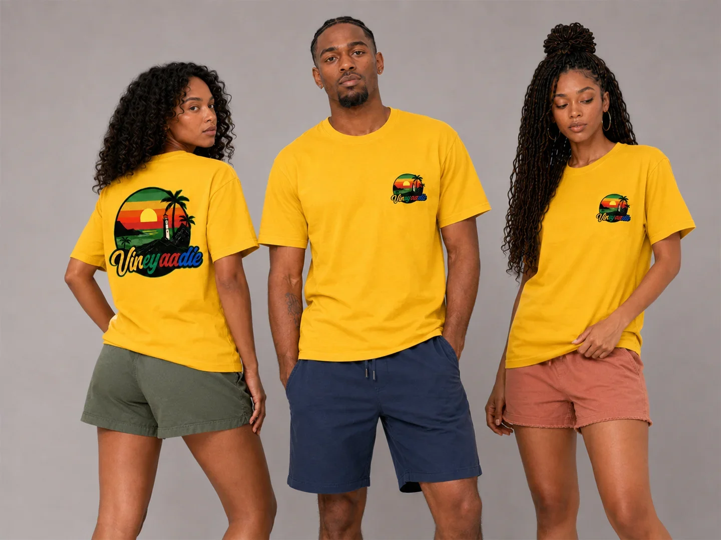 Models wearing the yellow Sunset Circle Logo T-Shirt