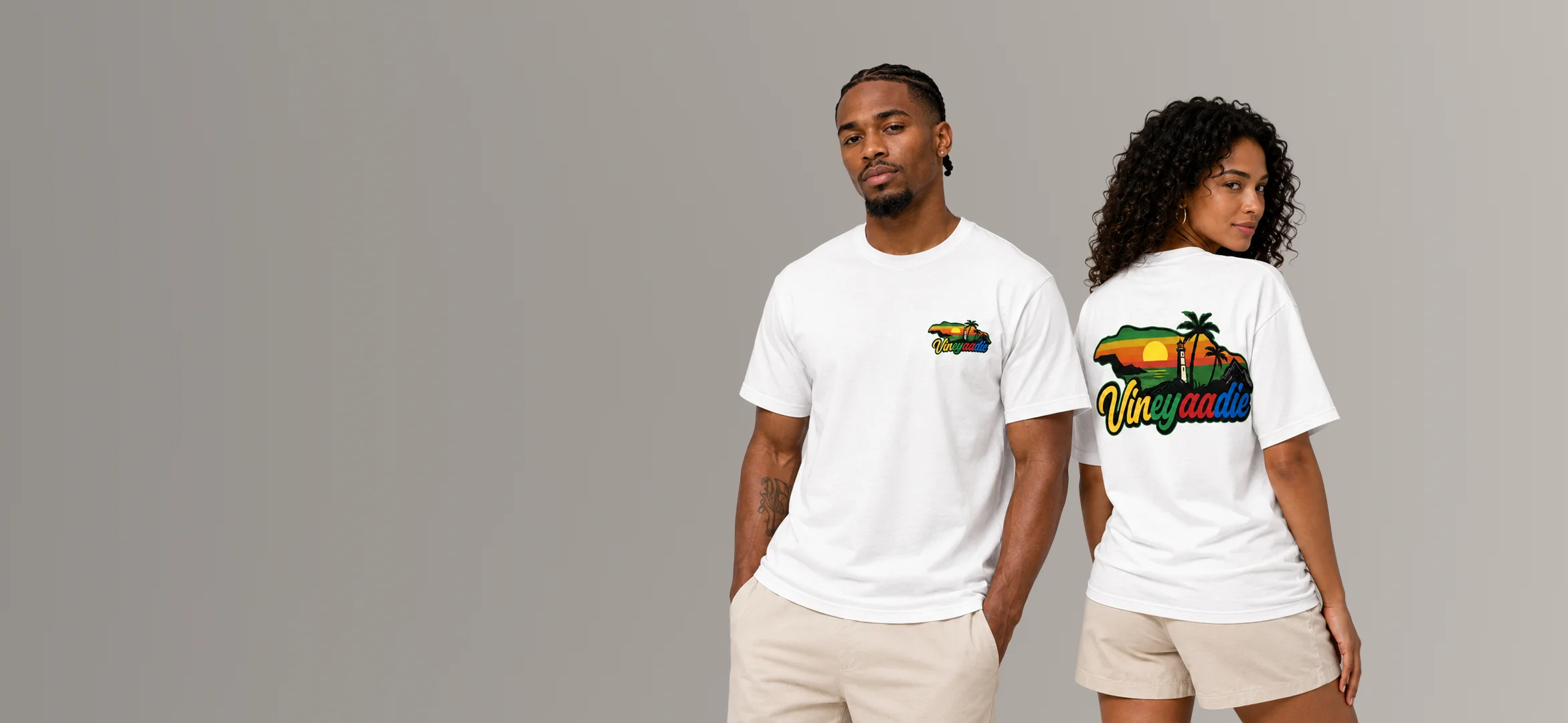 Two models wearing white Vineyaadie graphic tees