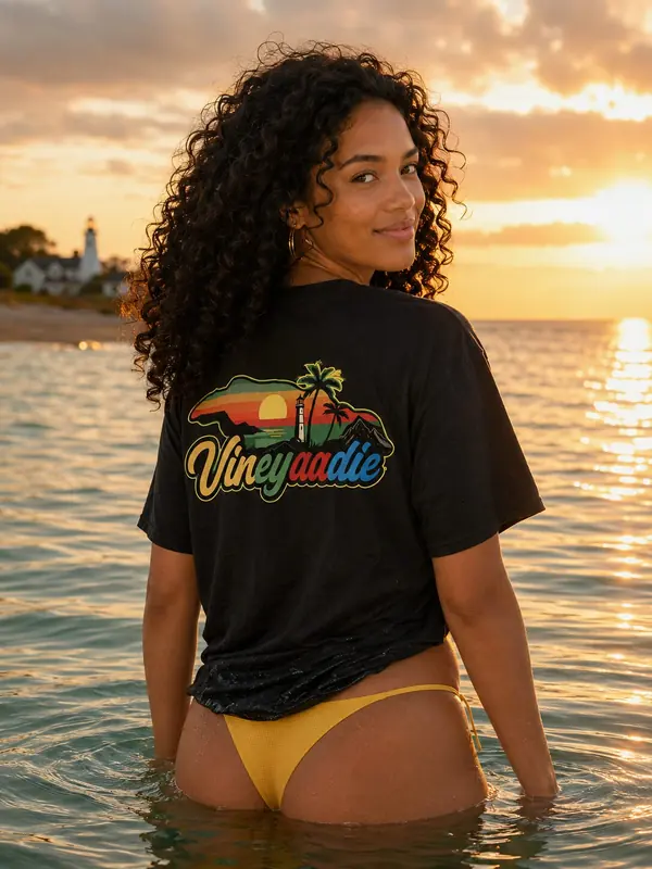 Model wearing the black Martha's Vineyard Map T-Shirt in the sea at golden hour