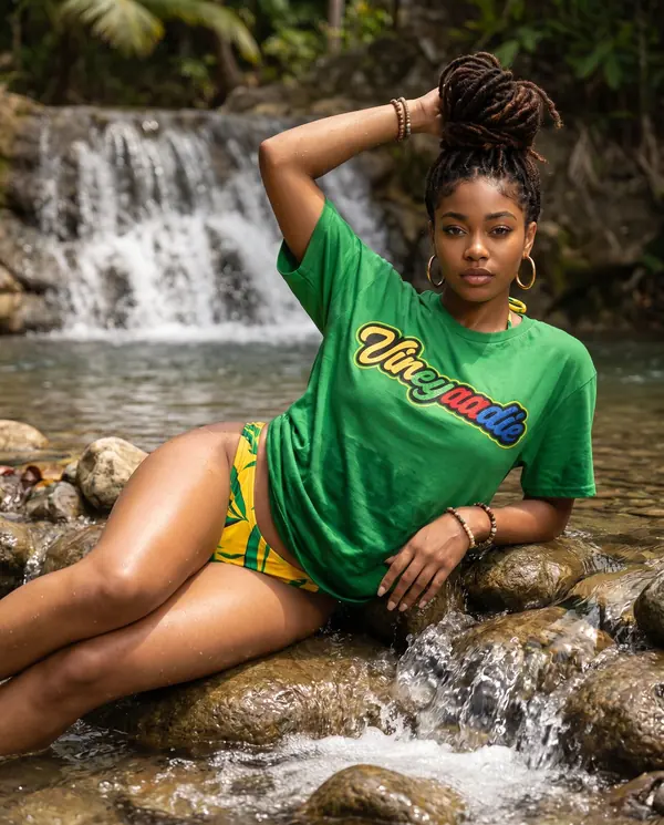 Model wearing the green Vineyaadie Wordmark T-Shirt beside a Jamaican waterfall