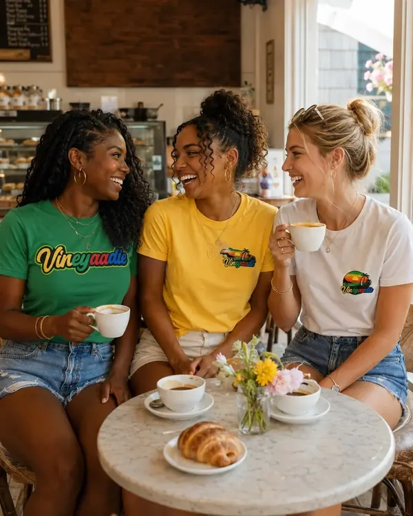 Friends wearing green Wordmark, yellow Sunset Circle and white Sunset Circle Vineyaadie T-Shirts at a cafe