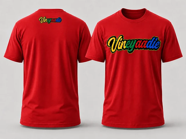 Vineyaadie Wordmark T-Shirt in Red, front and back product mockup